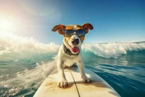jack Russell chien des lunettes de soleil surfant. produire ai photo