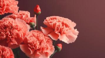rose oeillets et bourgeons avec copie espace sur une rougeâtre marron Contexte. ai généré. photo