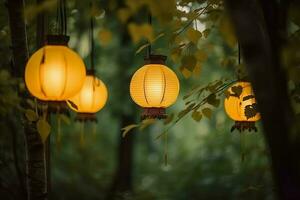 Jaune illuminé lanternes papier. produire ai photo