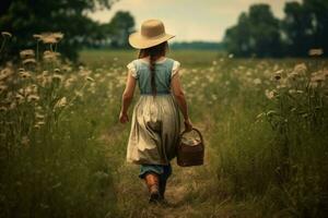 américain fille agriculteur marcher sur fleurs champ. produire ai photo