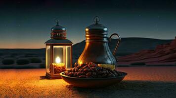 3d rendre de arabe cruche avec allumé lanterne sur nuit Contexte. islamique religieux concept. photo