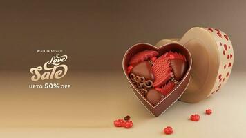 attendez est plus de l'amour vente affiche ou bannière avec Jusqu'à remise offre et Chocolat cœur forme boîte. photo