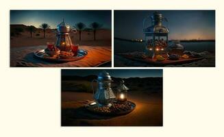 3d rendre, collection de arabe cruche, verre, sec des fruits sur argent plateau avec illuminé lampe. islamique religieux concept. photo