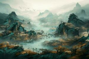 chinois paysage brouillard. produire ai photo