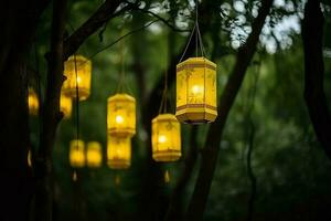 Jaune illuminé lanternes forêt. produire ai photo