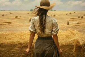 américain agriculteur fille à champ. produire ai photo