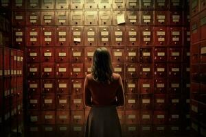 archiviste femme dans rouge armoires. produire ai photo