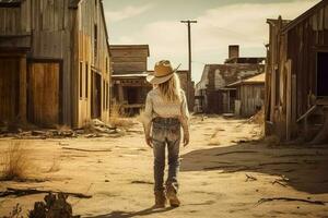 cow-boy fille marcher sauvage Ouest. produire ai photo