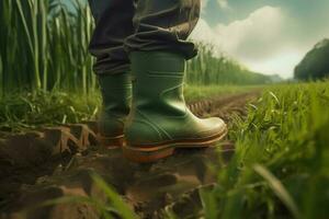 agriculteur caoutchouc bottes. produire ai photo