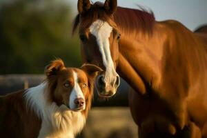 colley chien cheval à le coucher du soleil. produire ai photo