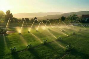 automatique jardin arrosage système le coucher du soleil. produire ai photo