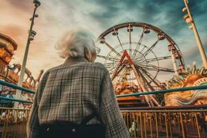 Sénior femme amusement parc. produire ai photo