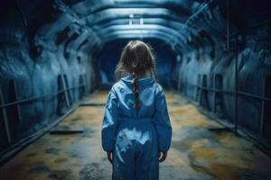 moderne enfant fille souterrain bunker. produire ai photo