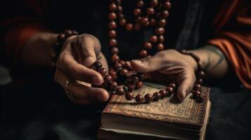 la personne en portant chapelet et religieux livre eid Al adha le le banquet de sacrifice génératif ai photo