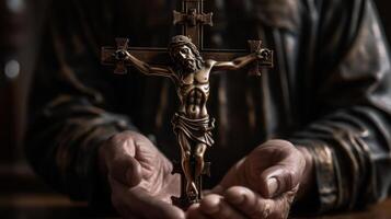 encore la vie de crucifix tenue dans main eid Al adha le le banquet de sacrifice génératif ai photo
