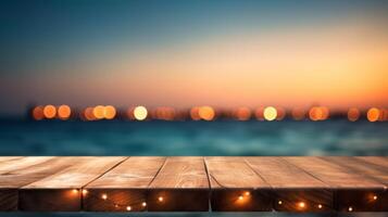 bois table avec brouiller bokeh lumière mer et ciel à plage été le le plus chaud saison génératif ai photo