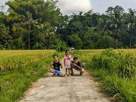 blitar, Indonésie - avril, 2023 - une 3 les enfants posant dans le rue avec une riz champ à côté de leur photo