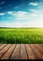 printemps été magnifique Contexte avec vert juteux Jeune herbe et vide en bois table dans la nature Extérieur. Naturel modèle paysage avec bleu ciel et Soleil. ai génératif photo