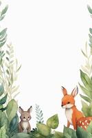 blanc Contexte avec Facile feuilles dans coin avec mignonne forêt animaux aquarelle style. ai génératif photo