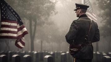 une soldat permanent fièrement dans de face de un américain drapeau nous Mémorial journée. génératif ai photo