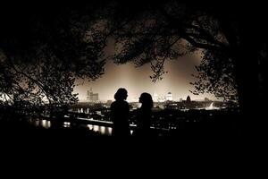 silhouettes de deux observation des étoiles femme en disant au revoir, entouré par des arbres et le contour de Londres ville dans le Contexte. ai génératif photo