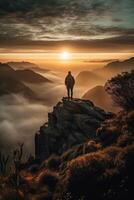 une homme est permanent sur une Montagne. ai génératif photo