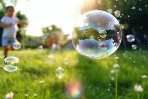 une proche - en haut de gros bulles, flou Contexte de une enfant jambes portant blanc vêtements et fonctionnement autour sur le pelouse. ai génératif photo