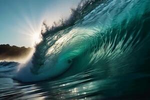 tropical bleu surfant vague. ensoleillement dans le vague baril. non personnes. magnifique Profond bleu tube vague dans le océan. ai génératif photo