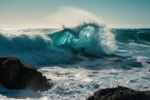 ensoleillé jour, beauté de Marin nature, force et Puissance de le l'eau élément dans forme de une grand turquoise mer vague s'écraser sur rive. ai génératif photo