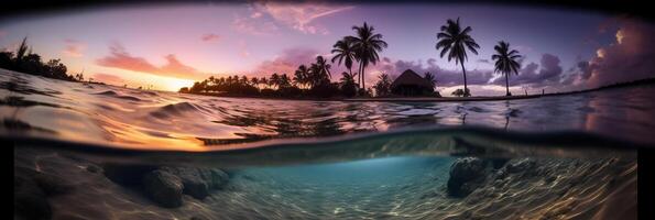 photographier de magnifique attrayant plage scène avec violet le coucher du soleil ciel. ai génératif photo