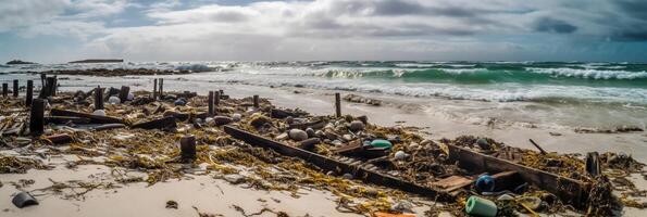 plage plein de des ordures et Plastique déchets comme large bannière pour environnement et recycler concepts. ai génératif photo