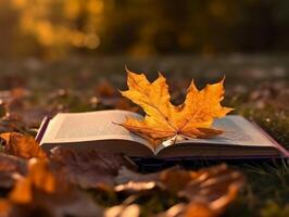 livre sur une feuille avec érable arbre à Contexte. ai génératif photo