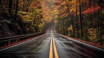 une magnifique longue route dans l'automne saison est doublé avec des arbres palier coloré feuilles. ai génératif photo