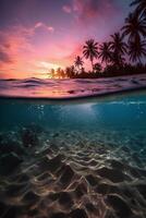 photographier de magnifique attrayant plage scène avec violet le coucher du soleil ciel. ai génératif photo
