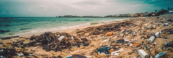 plage plein de des ordures et Plastique déchets comme large bannière pour environnement et recycler concepts. ai génératif photo
