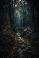 foncé forêt, avec une chemin dans le milieu, horreur ambiant, des arbres sur le côté. ai génératif photo