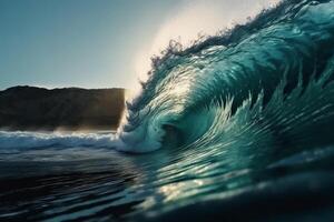 tropical bleu surfant vague. ensoleillement dans le vague baril. non personnes. magnifique Profond bleu tube vague dans le océan. ai génératif photo