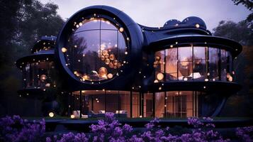 noir maison Royal extérieur, ovale villa, maximalisme, fleurs, devine, esthétique, violet lumière, hypermaximaliste, swarovski cristaux, détaillé, exquis. ai génératif photo