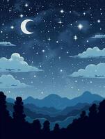 illustration de une éclairé par la lune nuit, avec étoiles scintillement dans le ciel et des nuages. ai génératif photo