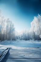 hiver Noël scénique paysage avec copie espace. en bois sol, blanc des arbres dans forêt couvert avec neige, congères et chute de neige contre bleu ciel dans ensoleillé journée ai génératif photo