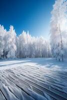 hiver Noël scénique paysage avec copie espace. en bois sol, blanc des arbres dans forêt couvert avec neige, congères et chute de neige contre bleu ciel dans ensoleillé journée ai génératif photo