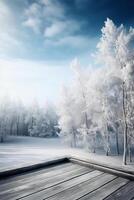 hiver Noël scénique paysage avec copie espace. en bois sol, blanc des arbres dans forêt couvert avec neige, congères et chute de neige contre bleu ciel dans ensoleillé journée ai génératif photo