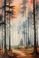 une aquarelle La peinture de une brumeux forêt, tranquille, profond, Fée conte ambiance, Facile aquarelle style avec peu détails, semi abstrait. ai génératif photo