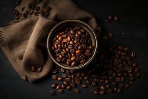 Haut vue de café des haricots dans une sac sur foncé Contexte. ai génératif photo