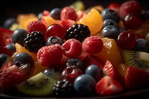 Frais fruit salade, proche en haut, macro, dans le style de nourriture la photographie. ai génératif photo