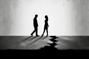 le silhouette de une cassé amoureux en marchant dans différent directions. ai génératif photo