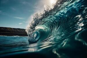 tropical bleu surfant vague. ensoleillement dans le vague baril. non personnes. magnifique Profond bleu tube vague dans le océan. ai génératif photo