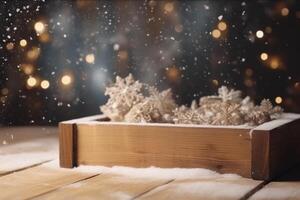 hiver Noël neigeux Cadre avec copie espace. en bois lumière planches sont couvert avec neige avec nettoyer gratuit vide espace pour texte. ai génératif photo
