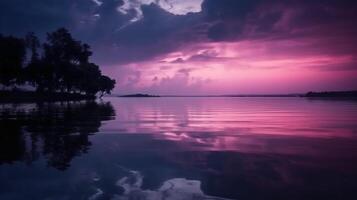 une scène dans lequel le tout violet ciel est réfléchi dans le l'eau. ai génératif photo