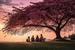 le silhouette de une famille profiter une pique-nique en dessous de une Cerise fleur arbre dans le coucher du soleil ciel. ai génératif photo